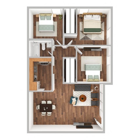 Gable Oaks 3 bedroom 1 bathroom Unit C 3D Floorplan with kitchen appliances and hardwood floors